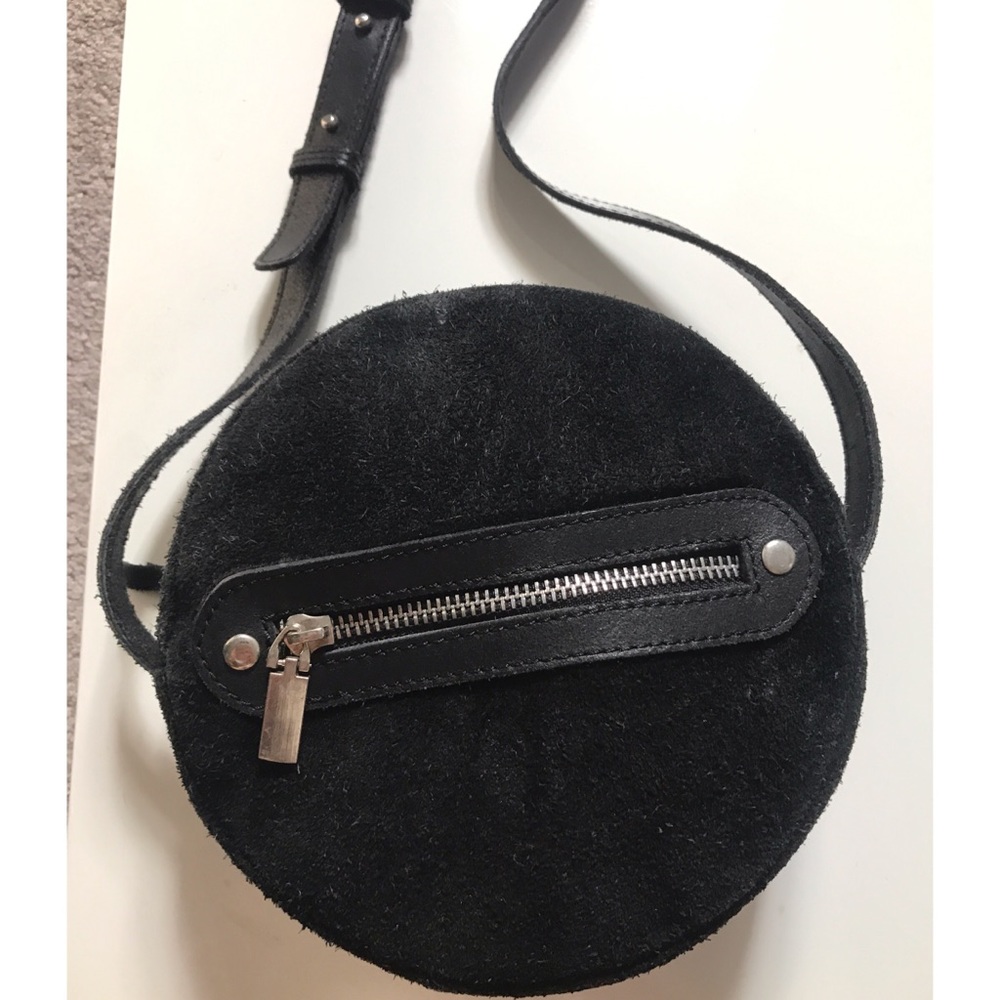 Circular Black Suede Crossbody Purse